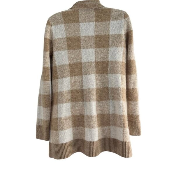 LOFT Women’s Sz M Cream & Tan Buffalo Plaid Open Front Long Cardigan - Picture 3 of 9